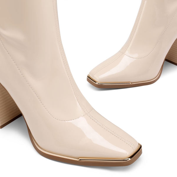 Chunky Square Toe Mid Calf Boots - BEIGE WHITE - 4